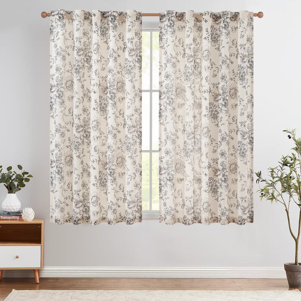 Jinchan Floral Linen Curtains Drapes 63 Inch Length Grommet Top Set 2 Panels